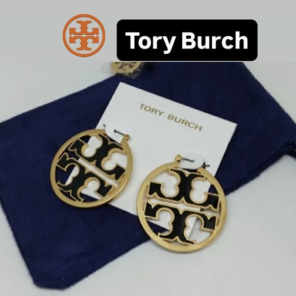 Tory Burch Gold and Black Enamel Logo Hoop Earrings - Picture 1 of 8